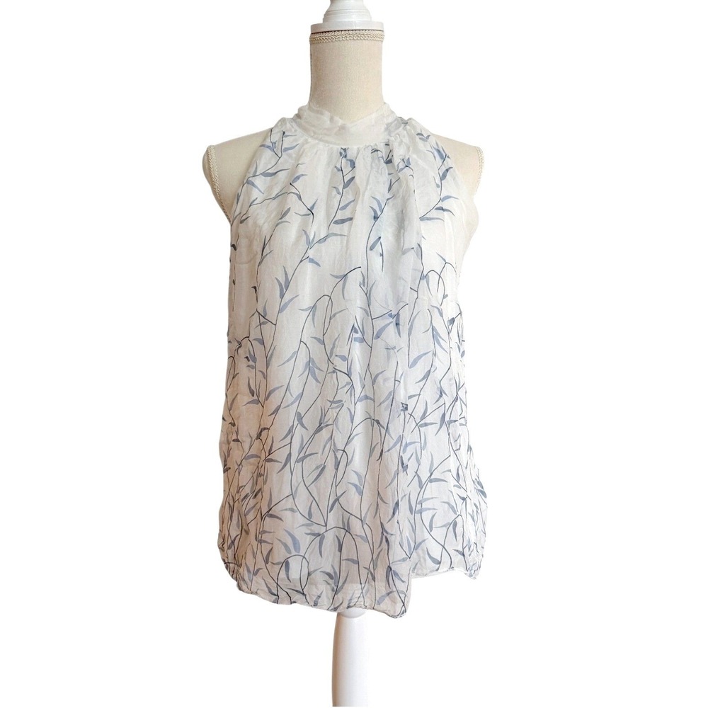 Elena Baldi White Blue Tie-Halter Top ITALY Sheer Floaty Silk Blouse L Ethereal